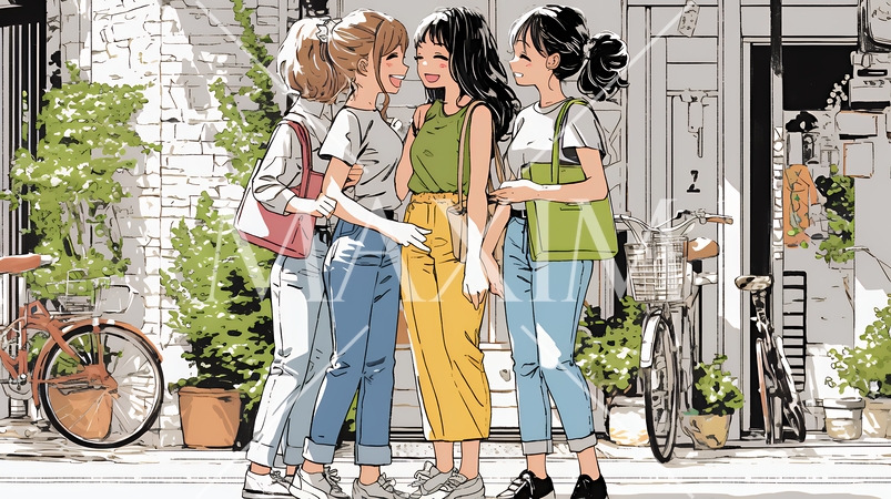 道端で会話を楽しむ若い主婦たち（ママ友たち）