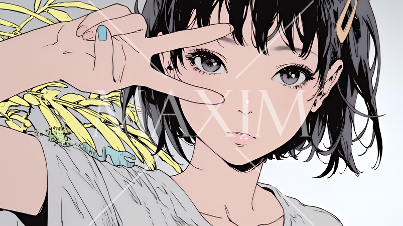 ピースサインをしている若い女性