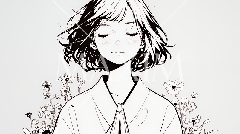 手を合わせてお祈りをしている若い女性（シンプルな色使い）