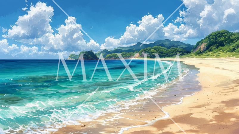 南国の島の浜辺と青い空のイラスト