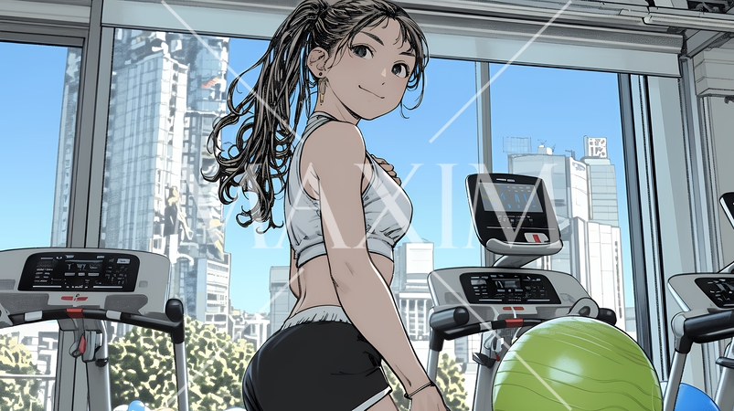 休日にジムで軽く運動する若い女性