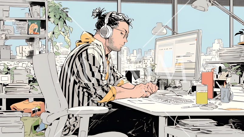 音源編集中の男性