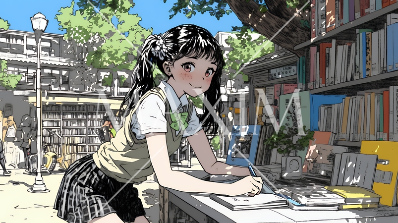 書店で本を選ぶ女子高生