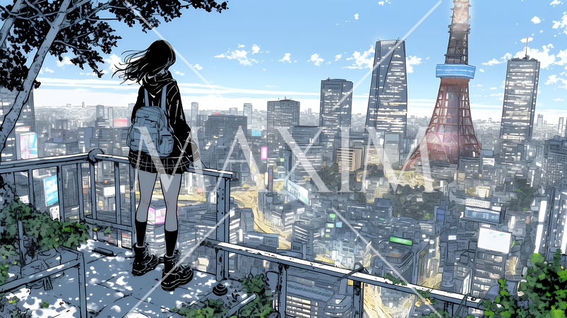 夕暮れ（朝の）都市のランドスケープを眺めている若い女性