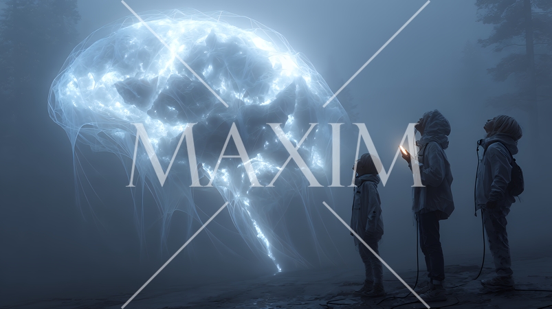 人々が抱く生成AIの抽象的なイメージ：人々が見上げる輝く脳がある