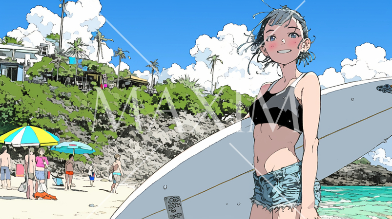 沖縄の海岸でビキニ姿でサーフボードを持った若い女性