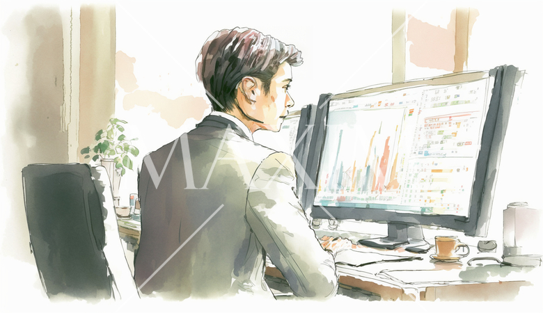 デスクに向かって取引画面を操作する男性トレーダーの横顔。