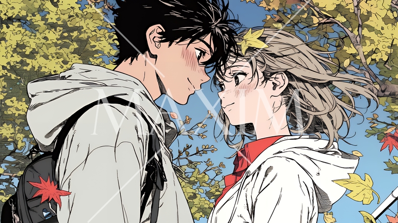 紅葉の下でいちゃついている若いカップル