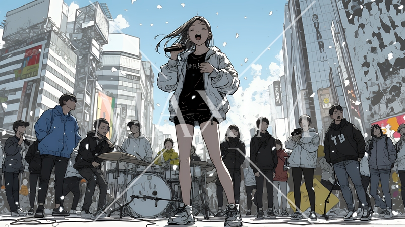 ステージでマイクを握り、情熱的に歌い上げる女性