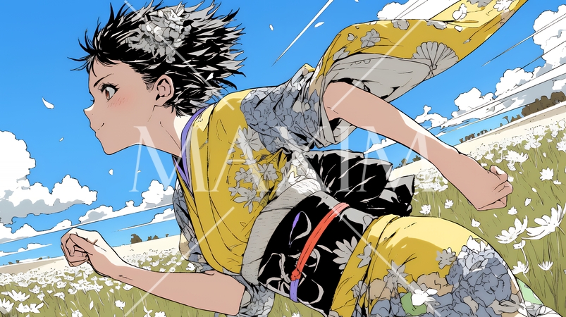 和服姿で全力疾走している若い女性