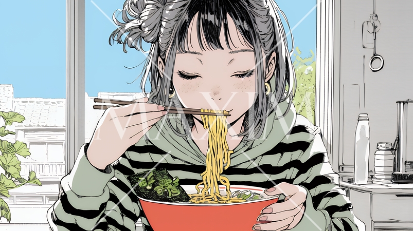 ラーメンを食べている若い女性