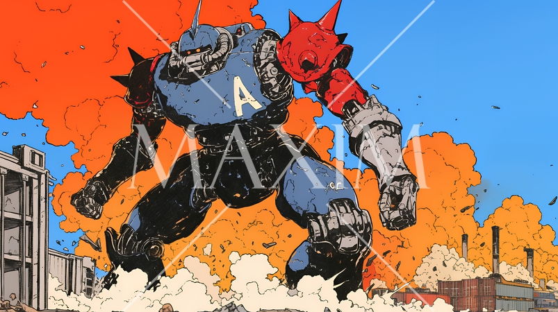 巨大関税ロボットが自由貿易港のコンテナ基地を破壊して、輸出入を妨害している