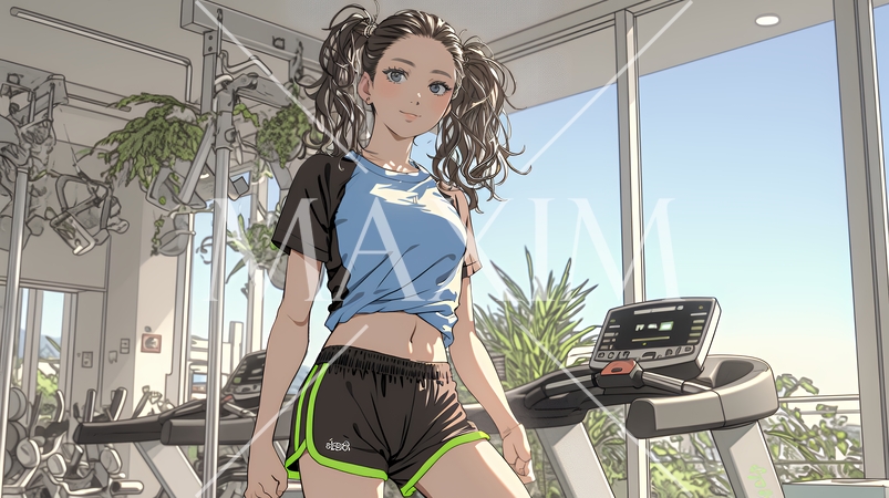 休日にジムで軽く運動する若い女性