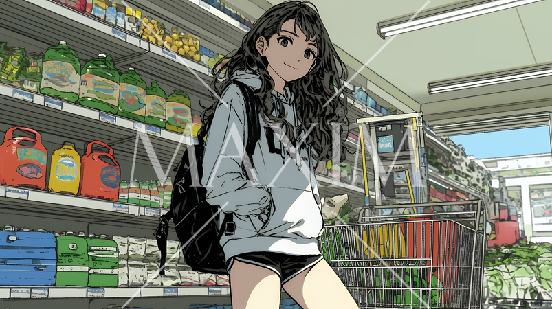 スーパーマーケットで買い物をしている若い女性