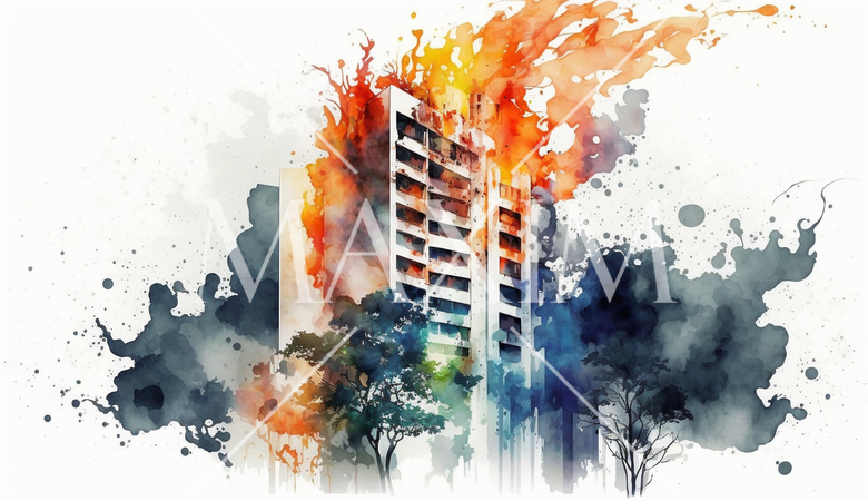 ビルの火災：水彩画