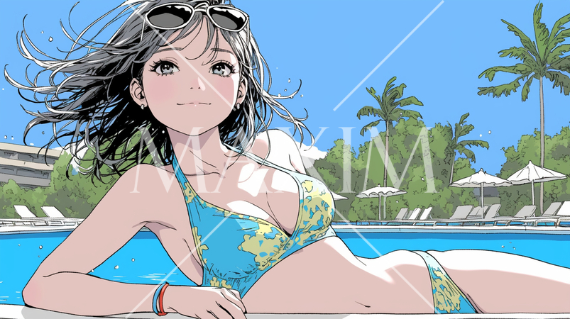 南国のリゾートホテルのプールにビキニ姿でいる若い女性