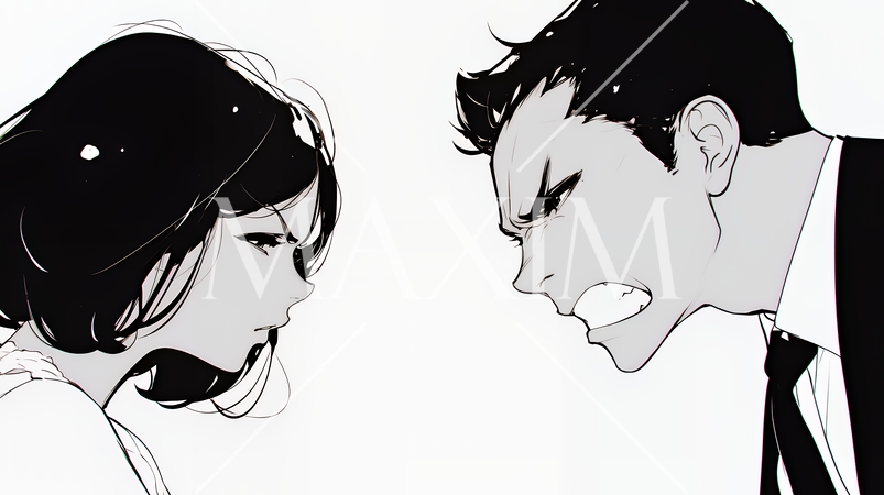 オフィスで言い争いをしているビジネスパーソン（シンプルな色使い）