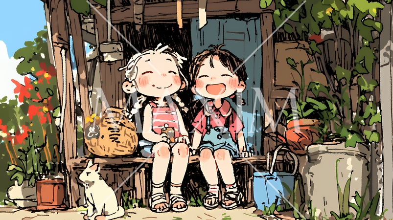 小学生の夏の思い出：友達と縁側でいつまでもおしゃべり（クレヨン＋水彩画風）