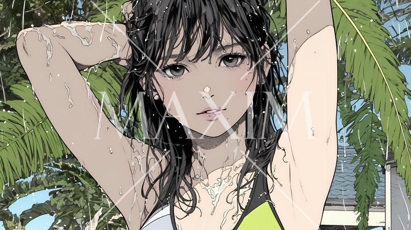 ヘアーシャワーの後の濡れ髪の若い女性