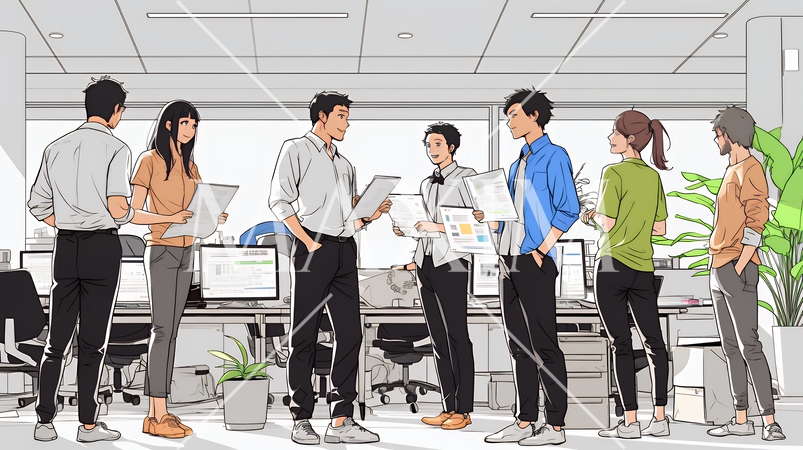 資料を見ながら打ち合わせをする会社員｜オフィスのビジネスミーティングイメージ