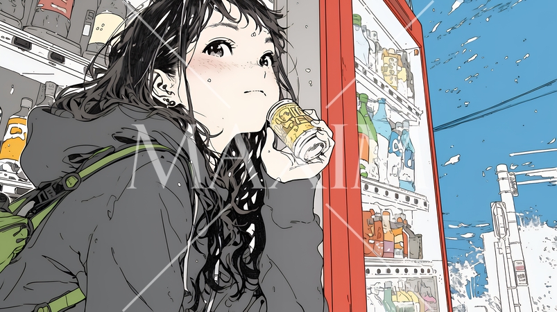 自動販売機で飲み物を購入する若い女性｜日常・ライフスタイル・屋外シーン