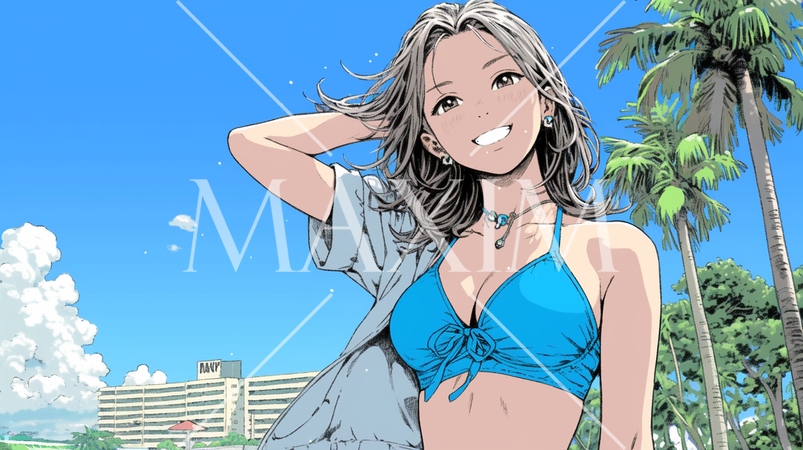 南国の海岸にビキニ姿でいる若い女性