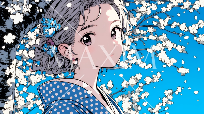 満開の梅の花と和服姿の若い女性