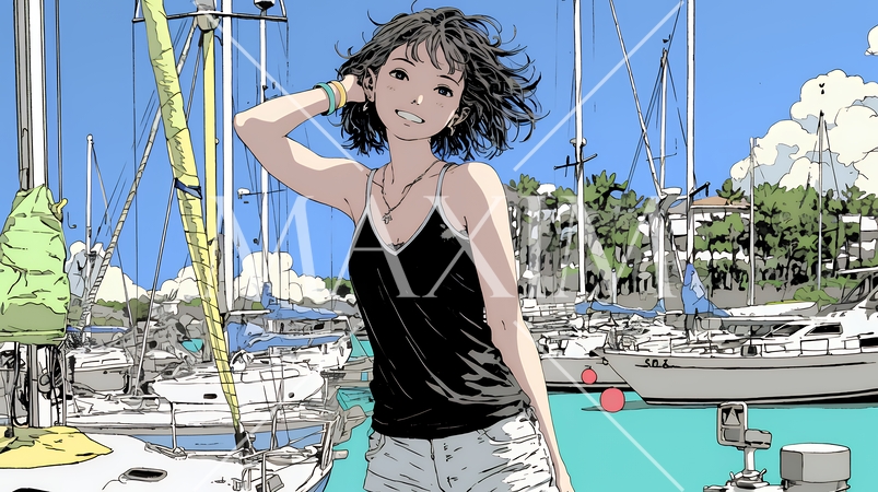 沖縄のヨットハーバーに立つ若い女性