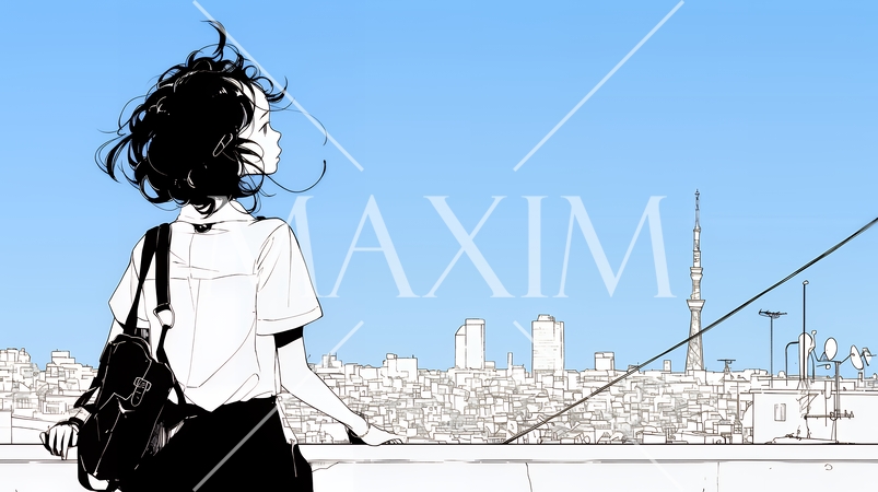 若い女性が佇む都市の街角（シンプルな色使い）