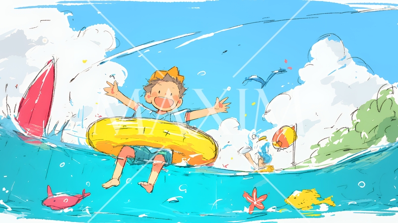 小学生の夏の思い出：海水浴（クレヨン＋水彩画風）