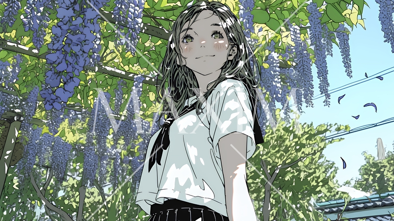 満開の藤の花の下を歩いている女子高生