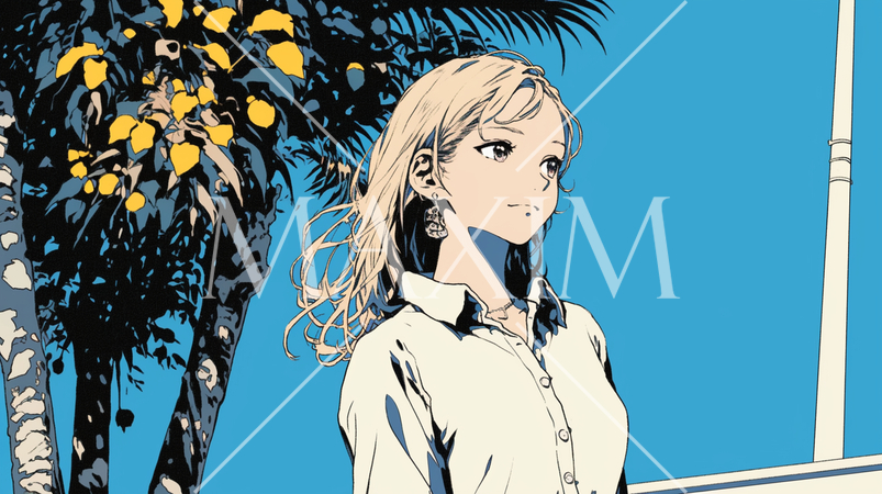 白色のシャツを着て、風になびく長い髪が美しい若い女性