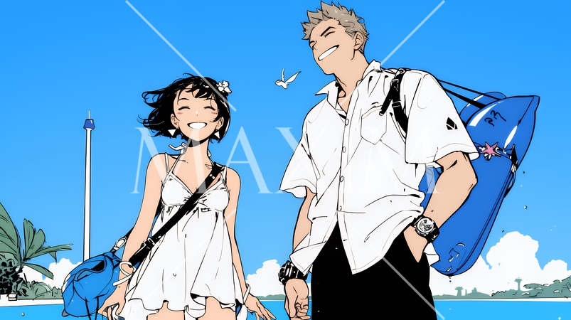 夏休みの思い出：恋人と海水浴に行く（シンプルな色使い）