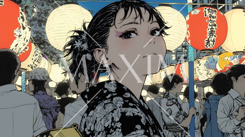 縁日屋台が立ち並び、賑わいを見せる祭りの夜