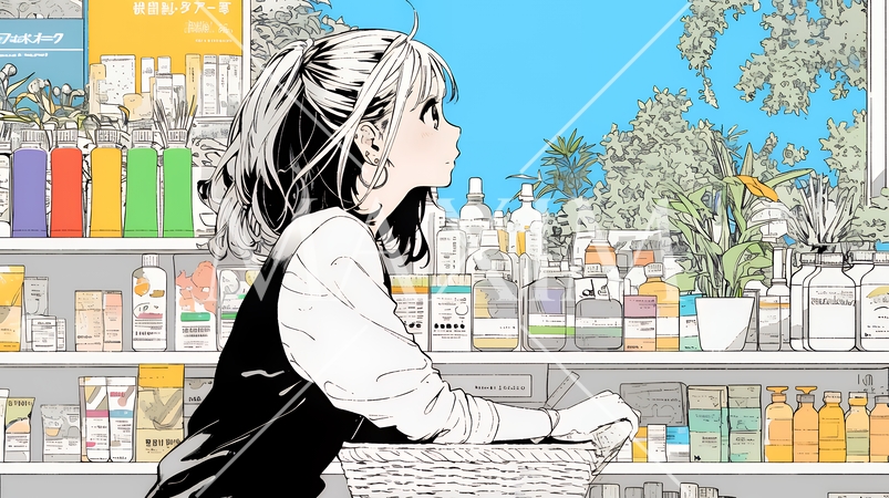 ドラッグストアでコスメを選ぶ若い女性