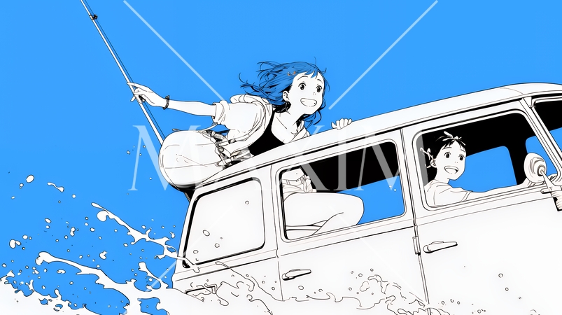 夏休みの思い出：友達と- ウォーターフォーディング（水辺のドライブ）（シンプルな色使い）