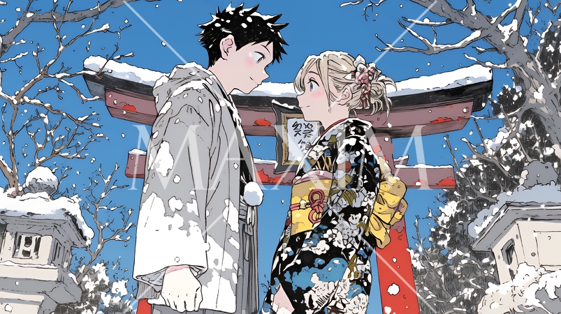 初詣をしている若い恋人カップル