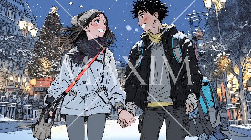 クリスマスのデートを楽しんでいる若いカップル