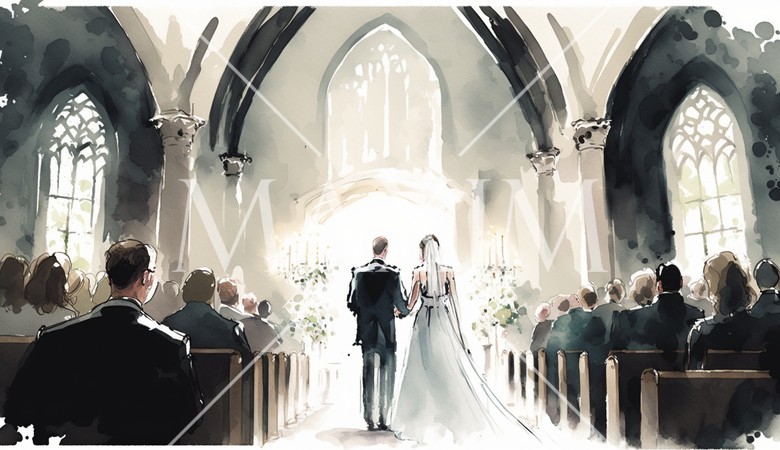 教会での結婚式の水彩画