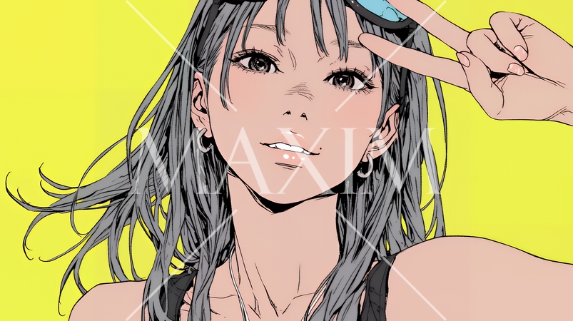 ピースサインをしている若い女性