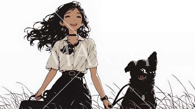 愛犬と散歩している若い女性（シンプルな色使い）