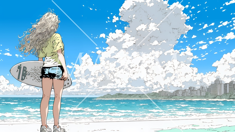 夏の海と入道雲と若い女性