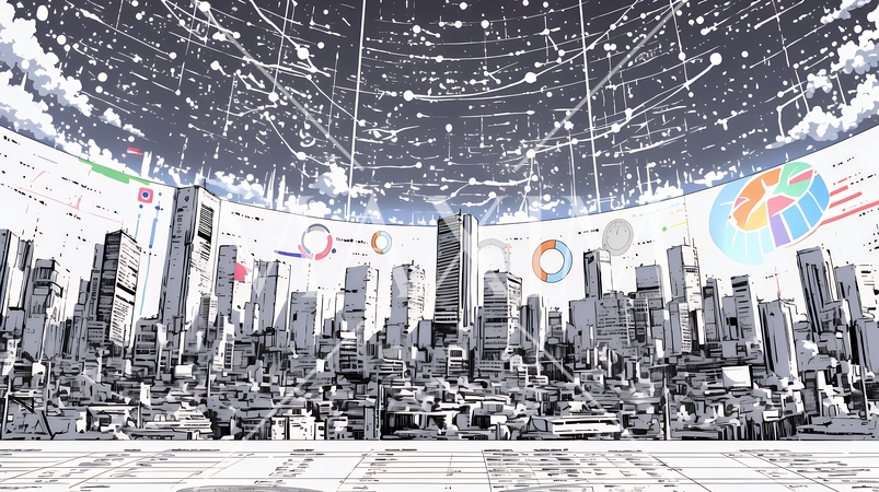 様々なチャートや数値表など様々な計量指標がランダムに空間に散りばめられた背景