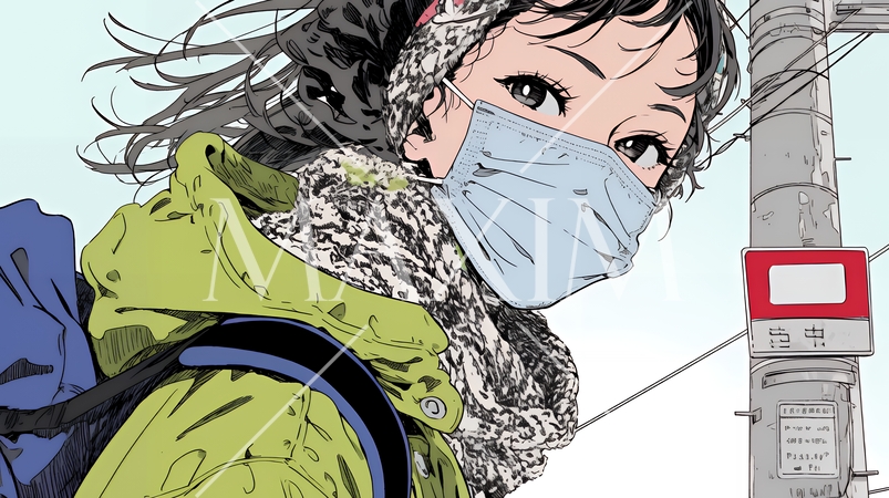 使い捨て不織布マスクをつけた若い女性