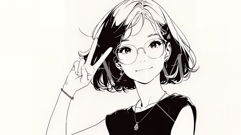 笑顔でピースサインを見せる若い女性（シンプルな色使い）