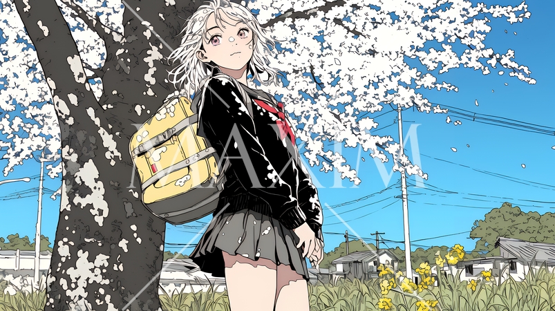 満開の桜の木の下を歩く制服姿の女子高生