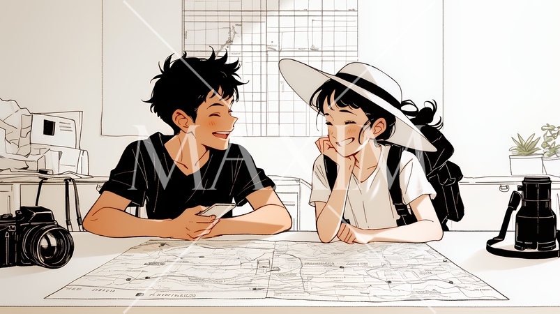 仲良く二人で旅行の計画を立てている若いカップル（シンプルな色使い）