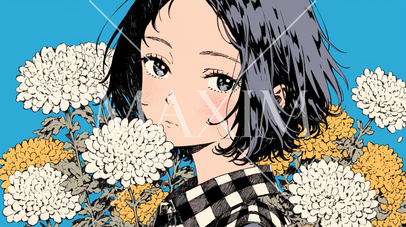 菊の花と若い女性