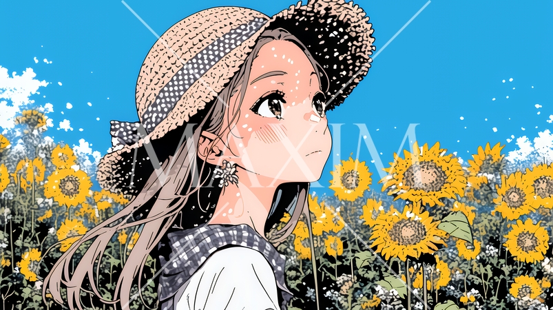 夏の晴天の日、ひまわりの畑を散策している若い女性