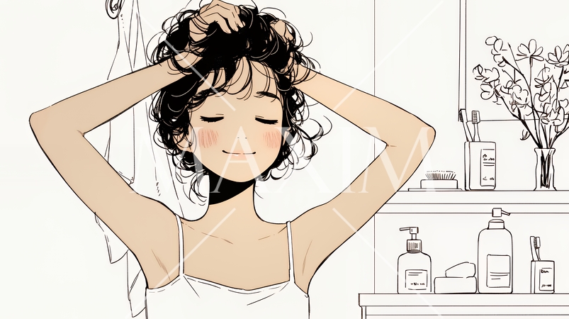 朝支度：洗面所で髪をまとめている若い女性（シンプルな色使い）